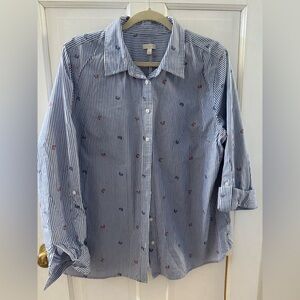 Talbot’s Blue & white Striped Women’s blouse with butterfly Accents XL